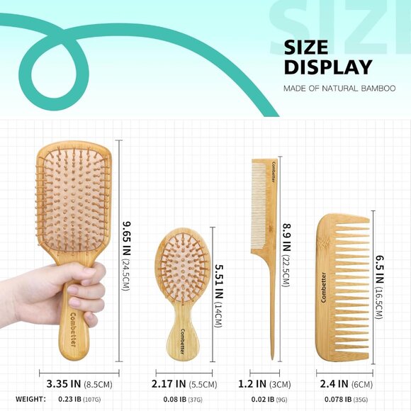 100% Bamboo Hair Brushes and Comb Set by , Comb for Women and Detangling, Great - Picture 5 of 9